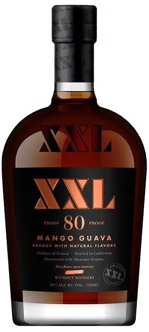Drinks XXL Mango Guava 80 proof brandy bottle with black and orange label.