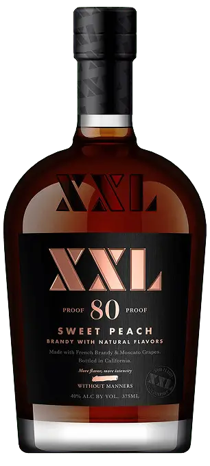 Drinks XXL Sweet Peach 80 proof brandy bottle with black and gold label.