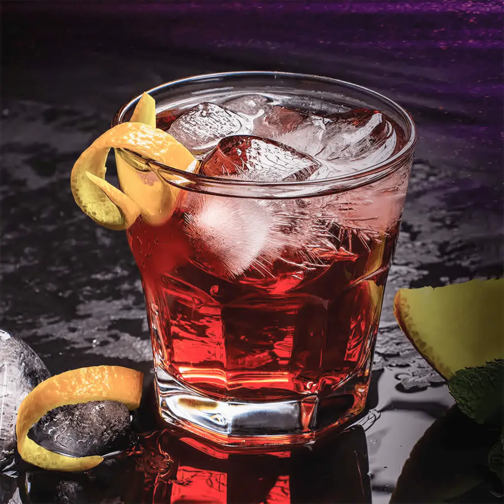 Drinks XXL flavored wines cocktail served on ice with a lemon twist garnish in a clear glass.